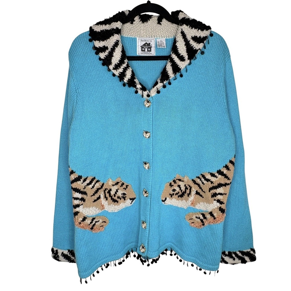 VTG Storybook Knits Tiger Pair Cardigan 1X Novelty Beaded Zebra Cat Hand Knit